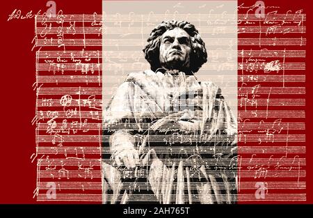 Handschriftliche musikalische Notation von Ludwig van Beethoven, love song, zärtliche Liebe, 1795, Beethoven Denkmal, Bonn, Deutschland, Stockfoto