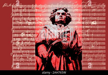 Handschriftliche musikalische Notation von Ludwig van Beethoven, love song, zärtliche Liebe, 1795, Beethoven Denkmal, Bonn, Deutschland, Stockfoto