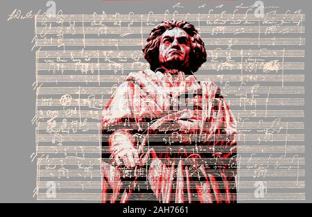 Handschriftliche musikalische Notation von Ludwig van Beethoven, love song, zärtliche Liebe, 1795, Beethoven Denkmal, Bonn, Deutschland, Stockfoto