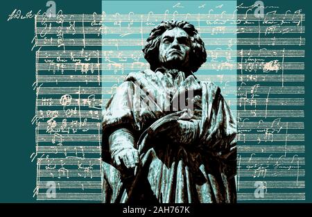 Handschriftliche musikalische Notation von Ludwig van Beethoven, love song, zärtliche Liebe, 1795, Beethoven Denkmal, Bonn, Deutschland, Stockfoto