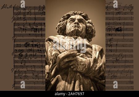 Handschriftliche musikalische Notation von Ludwig van Beethoven, love song, zärtliche Liebe, 1795, Beethoven Denkmal, Bonn, Deutschland, Stockfoto