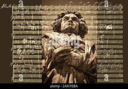 Handschriftliche musikalische Notation von Ludwig van Beethoven, love song, zärtliche Liebe, 1795, Beethoven Denkmal, Bonn, Deutschland, Stockfoto