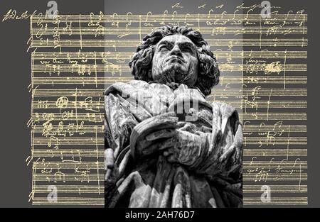 Handschriftliche musikalische Notation von Ludwig van Beethoven, love song, zärtliche Liebe, 1795, Beethoven Denkmal, Bonn, Deutschland, Stockfoto