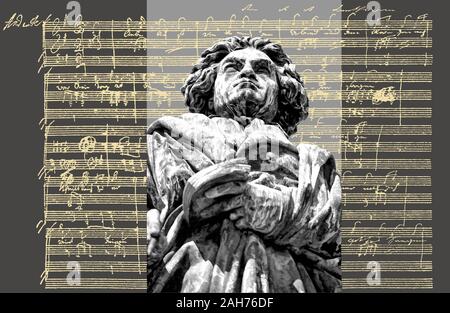 Handschriftliche musikalische Notation von Ludwig van Beethoven, love song, zärtliche Liebe, 1795, Beethoven Denkmal, Bonn, Deutschland, Stockfoto