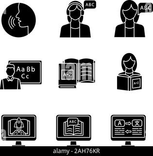 Fremdsprache lernen Glyphe Symbole gesetzt. Aussprache, Hörverständnis, Lehrer, Muttersprachler, Bücher, Lesen, Lernen, e-Learning, Übersetzung. Stock Vektor