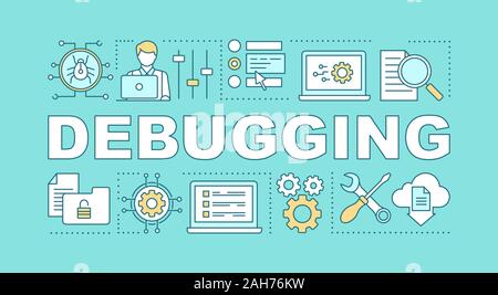 Debugging Wort Konzepte Banner. Computerviren, Bugs. Software Fehler und Probleme beheben. Software Testing. Programmierung. Code Entwicklung. Isolierte l Stock Vektor