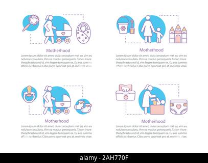 Mutterschaft Konzept Symbole. Mutter mit neugeborenen Babys. Kinderbetreuung Idee. Elternschaft. Alleinerziehende Mutter. Dünne Linie Abbildungen mit Textfeldern. Vektor isolieren Stock Vektor