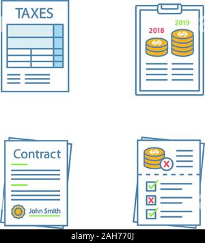 Audit farbige Symbole gesetzt. Steuern Form, Jahresbericht, Vertrag, audit Risiken. Isolierte Vektorgrafiken Stock Vektor