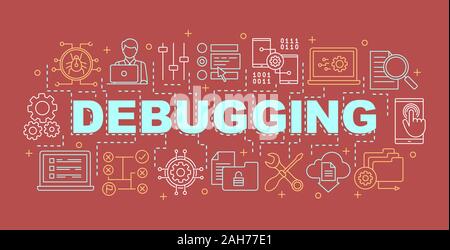 Debugging Wort Konzepte Banner. Computerviren, Bugs. Software Fehler und Probleme beheben. Software Testing. Programmierung. Code Entwicklung. Isolierte l Stock Vektor