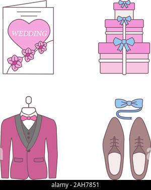 Hochzeit Planung farbige Symbole gesetzt. Geschenke für Männer Accessoires, Einladung Hochzeit, Smoking. Isolierte Vektorgrafiken Stock Vektor