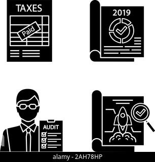 Audit Glyphe Symbole gesetzt. Steuern zurück, Geschäftsbericht, Auditor, Projekt Audit. Silhouette Symbole. Vektor isoliert Abbildung Stock Vektor