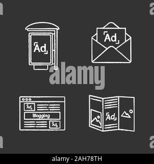 Werbung tv Chalk Symbole gesetzt. Bushaltestelle Werbung, e-Marketing, Blogging, Flyer. Isolierte vektor Tafel Abbildungen Stock Vektor