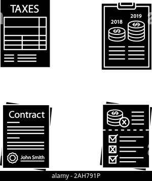 Audit Glyphe Symbole gesetzt. Steuern Form, Jahresbericht, Vertrag, audit Risiken. Silhouette Symbole. Vektor isoliert Abbildung Stock Vektor