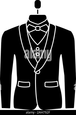Wedding tuxedo Glyph icon. Jacke mit Fliege. Formalen Mens tragen. Herrenmode. Herren Anzug auf der Schaufensterpuppe. Atelier. Silhouette Symbol. Negativer Platz. Vecto Stock Vektor