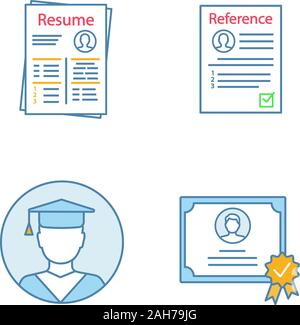 Resume farbige Symbole gesetzt. Lebenslauf, Zeugnisse schreiben, Bildung, Zertifikat. Isolierte Vektorgrafiken Stock Vektor