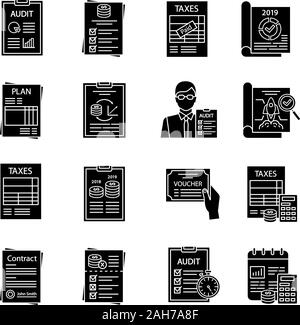 Audit Glyphe Symbole gesetzt. Finanzielle Kontrolle. Mwst, Jahresberichte. Interne, externe Prüfung. Rechnungswesen und Buchhaltung. Budgetierung und Finanzierung. Silho Stock Vektor