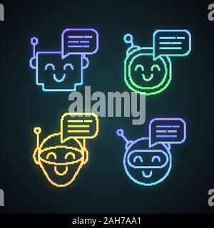 Chatbots Nachrichten Neon Licht Symbole gesetzt. Talkbots. Lachend virtuelle Assistenten. Conversational agents. Moderne Roboter. Leuchtende Zeichen. Vektor isoliert il Stock Vektor