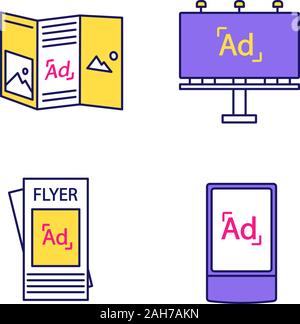 Werbung tv color Symbole gesetzt. Broschüre, Plakat, Strasse Werbung Leuchtkasten. Isolierte Vektorgrafiken Stock Vektor