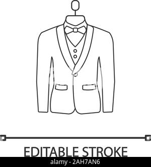 Wedding Tuxedo lineare Symbol. Jacke mit Fliege. Dünne Linie Abbildung. Formalen Mens tragen. Herrenmode. Herren Anzug auf der Schaufensterpuppe. Atelier. Kontur Vektor Stock Vektor