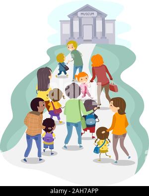 Abbildung: Mehrere Stickman Familie an das Museum zu gehen Stockfoto