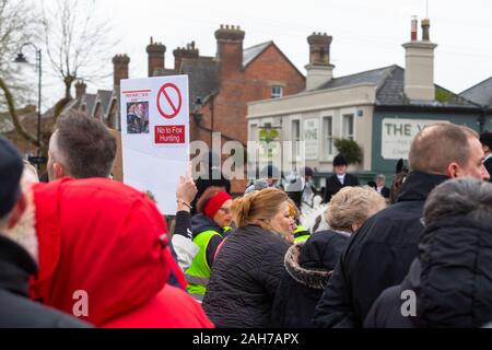 Tenterden, Kent,. 26 Dez, 2019. Die jährlichen Boxing Day treffen der Ashford Tal Tickham Jagd findet im Zentrum von Tenterden in Kent. Hunde und Pferde versammeln sich in der 'Vine Inn Pub bei 11, bevor Sie die High Street zu einem verpackten Publikum bin. Das Wetter ist nass und regnerisch Regen. Fuchsjagd Demonstrant wirft eine Fahne mit Nein zur Fuchsjagd. © Paul Lawrenson 2019, Foto: Paul Lawrenson/Alamy leben Nachrichten Stockfoto