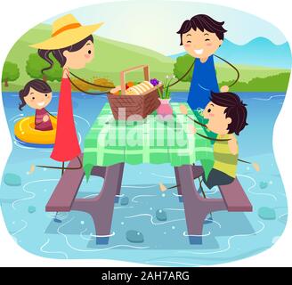 Abbildung: Stickman Familie mit Picknick auf einer Tabelle über Wasser Stockfoto