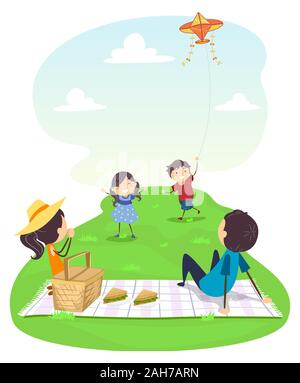 Abbildung: Stickman Familie auf ein Picknick mit Kindern fliegen Drachen im Freien Stockfoto