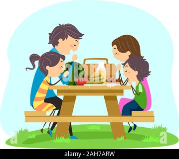 Abbildung: Stickman Familie Beten vor dem Essen bei einem Picknick auf einer Bank Stockfoto