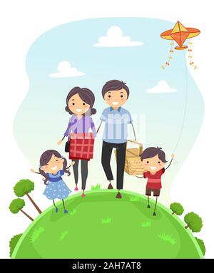 Abbildung: Stickman Familie nach Hause gehen von einem Picknick mit Kind Junge Flying a Kite Stockfoto