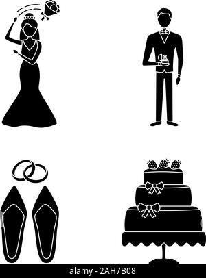 Hochzeit Planung Glyphe Symbole gesetzt. Bräutigam werfen Bouquet, Bräutigam, Hochzeit Zubehör, Engagement Kuchen. Silhouette Symbole. Vektor isolierte i Stock Vektor