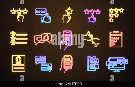 Bewertung Neon Licht Symbole gesetzt. Kundenfeedback und Bewertungen. Ranking. Service Kundenzufriedenheit. Vorlieben und Abneigungen. Positive, negative Bewertungen. Glühende sig Stock Vektor