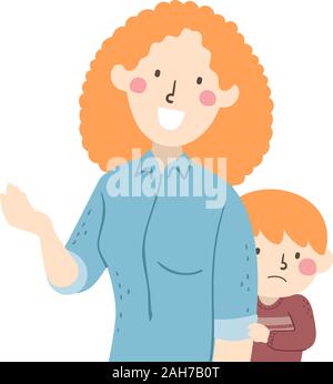 Abbildung: ein Kind Junge versteckt sich hinter seiner Mutter sprechen und Schüchtern Stockfoto