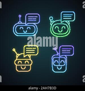 Chatbots Nachrichten Neon Licht Symbole gesetzt. Talkbots. Lachend virtuelle Assistenten. Conversational agents. Moderne Roboter. Leuchtende Zeichen. Vektor isoliert il Stock Vektor