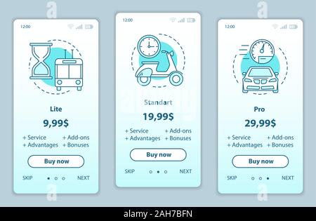 Tarif Pläne Onboarding mobile App Bildschirme Vektor vorlagen. Exemplarische Vorgehensweise Seiten Schnittstelle. Lite, Standard, pro Service Preise. Smartphone Tln Stock Vektor