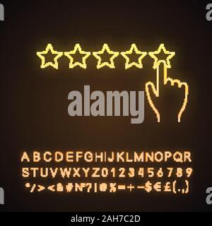 Hohe Bewertung Neonlicht Symbol. Kunden positive Feedback und Bewertungen. Ranking. Rating Scale klicken. Leuchtende Zeichen mit Alphabet, Zahlen und Symbolen. Vec Stock Vektor