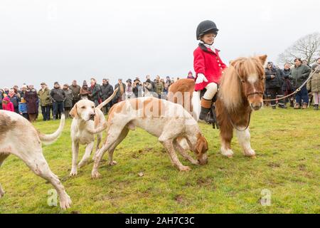 Hagley, Worcestershire, Großbritannien. 26. Dezember 2019. 6-jährige Henley Mühlen auf seinem Pony Rettich als Albrighton und Wald Jagd Raffungen an Hagley Halle am zweiten Weihnachtstag für seine traditionellen jährlichen Treffen. Peter Lopeman/Alamy leben Nachrichten Stockfoto