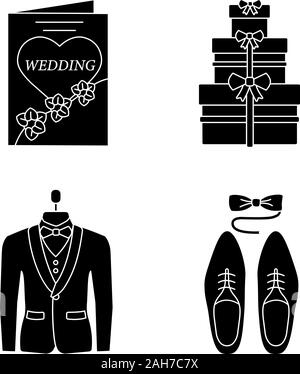 Hochzeit Planung Glyphe Symbole gesetzt. Geschenke für Männer Accessoires, Einladung Hochzeit, Smoking. Silhouette Symbole. Vektor isoliert Abbildung Stock Vektor