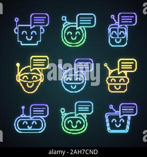 Chatbots Nachrichten Neon Licht Symbole gesetzt. Talkbots. Lachend virtuelle Assistenten. Conversational agents. Moderne Roboter. Leuchtende Zeichen. Vektor isoliert il Stock Vektor