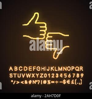 Vorlieben und Abneigungen Neonlicht Symbol. Positives, negatives Feedback. Bewertungen. Daumen nach oben und unten Geste. Leuchtende Zeichen mit Alphabet, Zahlen und Sym Stock Vektor