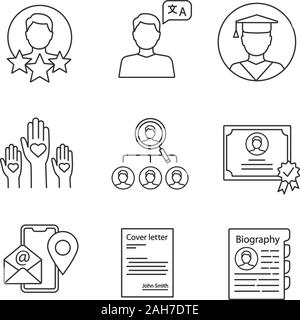 Lineare Symbole anknüpfen. Erfahrung, Sprachkenntnisse, Bildung, Ehrenamt, Leerstand, Zertifikat, Kontaktinformationen, Anschreiben, Lebenslauf. Iso Stock Vektor