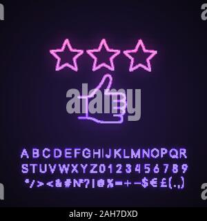 Bewertung Neonlicht Symbol. Kunden ausgezeichnet. Positives Feedback. Ranking. Die Zufriedenheit unserer Kunden. Sterne und Daumen nach oben Geste. Leuchtende Zeichen mit Alp Stock Vektor
