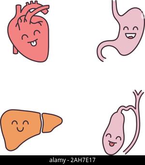 Lächelnd menschliche innere Organe farbige Symbole gesetzt. Glückliches Herz, Magen, Leber, Gallenblase. Gesundes Herz-Kreislauf- und Verdauungssystem. Isolierte Vektor Stock Vektor