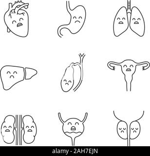 Traurige menschliche innere Organe lineare Symbole gesetzt. Thin Line Kontur Symbole. Atmungs-, Fortpflanzungs-, Verdauungssystem Krankheiten. Ungesunde Organe. Isolat Stock Vektor