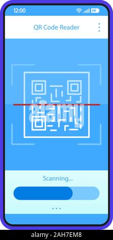 QR-Code scannen App interface Vektor Vorlage. Mobile App interface blau design Layout. 2D Code Reader smartphone. Flache UI. Telefon Display mit Matrix Stock Vektor
