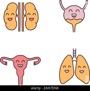 Lächelnd menschliche innere Organe farbige Symbole gesetzt. Glücklich, Nieren, Harnblase, Lunge, Gebärmutter. Gesunde Lungen- und Harnwege, des reproduktiven Systems. Isolat Stock Vektor