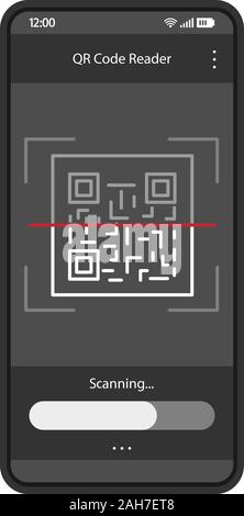QR-Code scannen App interface Vektor Vorlage. Mobile App Interface Design in Schwarz Layout. 2D Code Reader smartphone. Flache UI. Telefon Display mit matri Stock Vektor