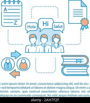 Sprache lernen Konzept lineare Abbildung. Artikel, Broschüre, Zeitschrift Seite Layout mit Textfeldern. Sprachkurse, Schule. Pädagogische Stock Vektor