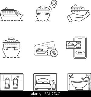 Kreuzfahrt lineare Symbole gesetzt. Sommer Voyage. Kreuzfahrt Service, Schiffe, Route, Schlafzimmer, Laufbänder, Spa Salon, günstiges Angebot. Thin Line Kontur Symbole. Isol Stock Vektor