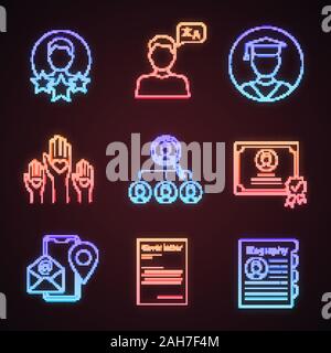 Resume Neon Licht Symbole gesetzt. Erfahrung, Sprachkenntnisse, Bildung, Ehrenamt, Leerstand, Zertifikat, Kontaktinformationen, Anschreiben, Lebenslauf. Stock Vektor