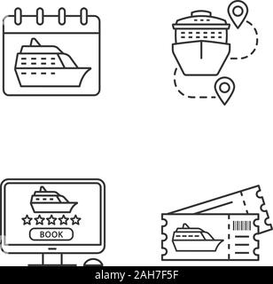 Kreuzfahrt lineare Symbole gesetzt. Reisebüro. Abfahrt datum, Reise Routen, Online-Buchung, landausflügen Tickets. Thin Line Kontur Symbole. Isolat Stock Vektor